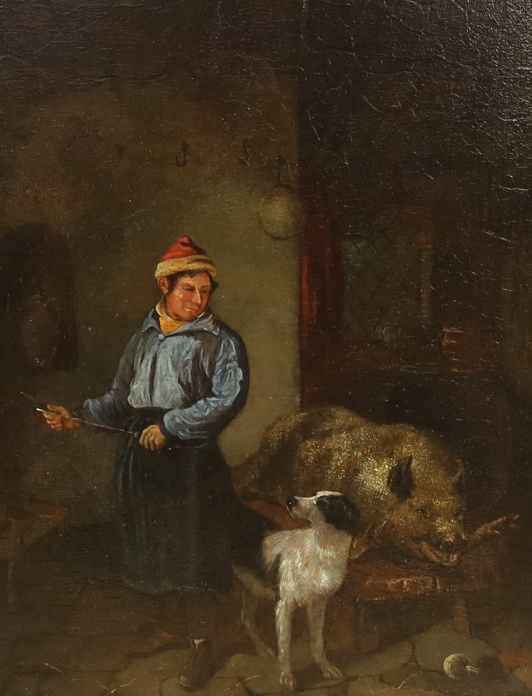 After George Morland (1763-1804), oil on oak panel, Interior with a figure preparing to butcher a pig, unsigned, 31 x 25cm